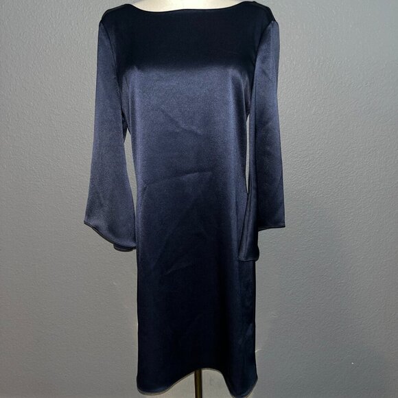 DIANE VON FURSTENBERG KORRY NAVY SATIN LOW BACK FLUTED SLEEVE SHIFT DRESS Size 6 - Picture 1 of 16